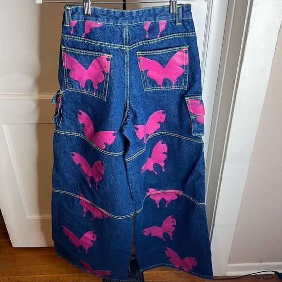 Daisy Street Pink Butterfly Denim Cargo Pants New Size Small - Picture 6 of 6